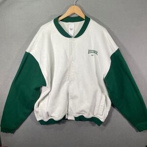 Reebok Varsity Bomber Jacket Mens 2XL Green White Snap Logo Retro